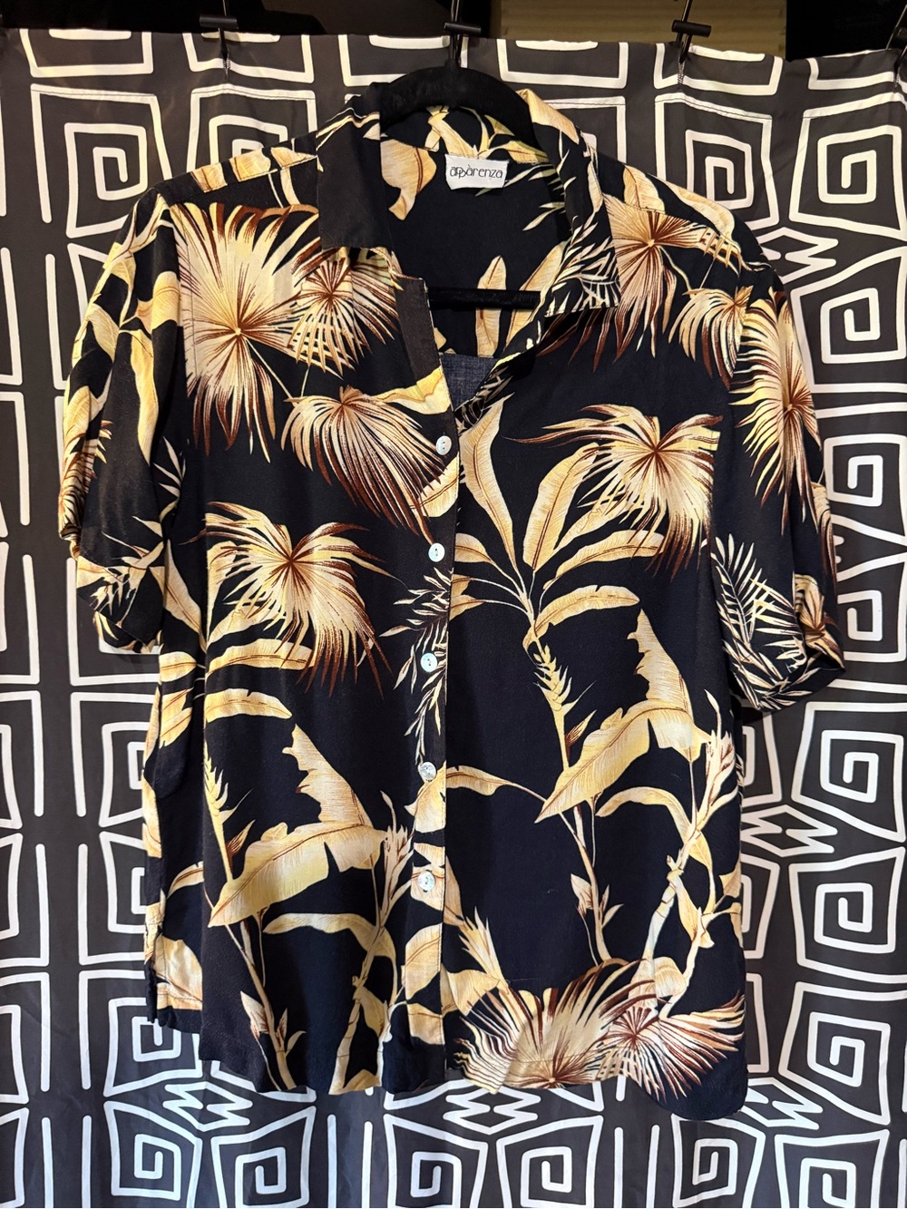 Apparenza Black and Gold Palm Print Button-Up Shirt